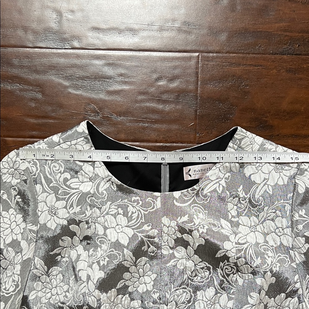 Nanette Lepore Silver Floral Jacquard Sheath Dress with Black Waist Tie Size 14 - Picture 10 of 16